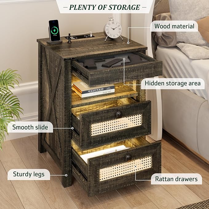 Night Stand Set 2 with Gun Drawer, Bedside Table with Charging Station - Image 6