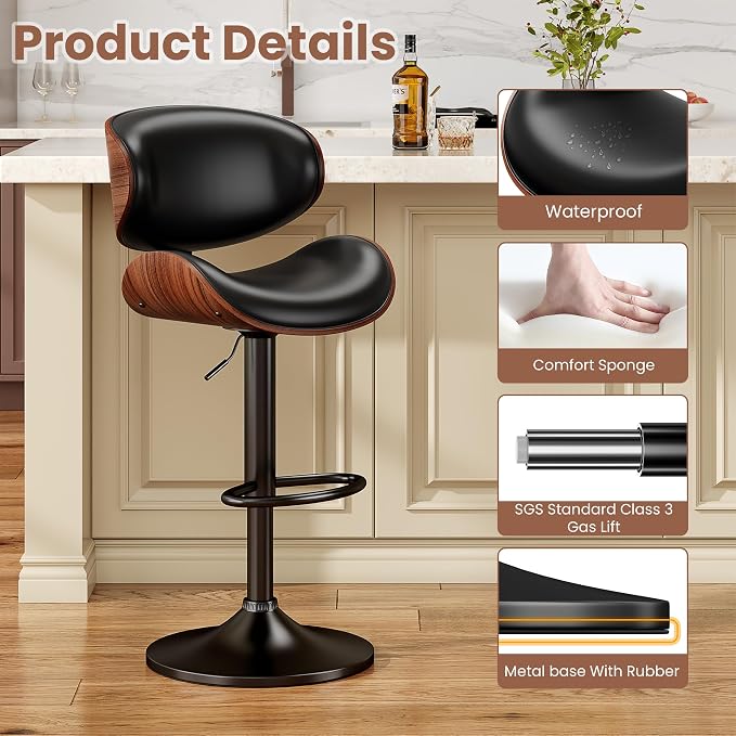 YaFiti Bar Stools Set of 4, Bentwood Adjustable Height Swivel Bar Stools - Image 6
