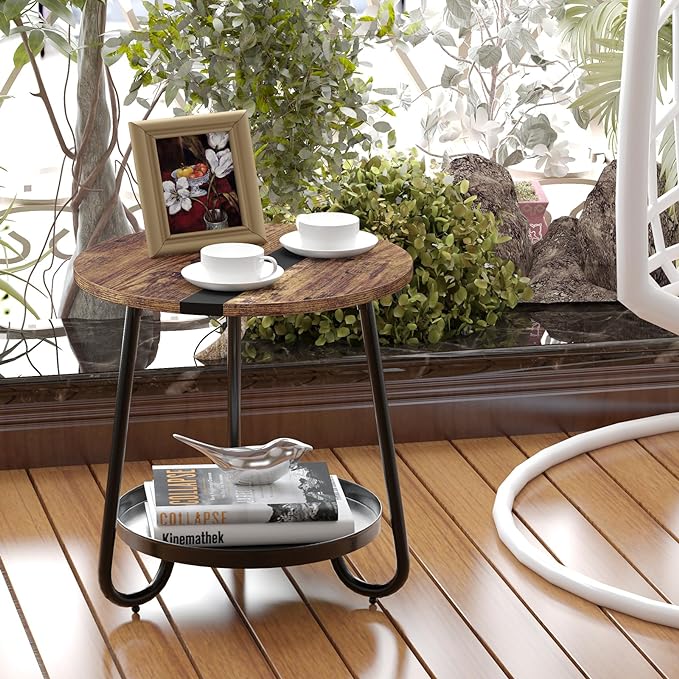 2 Tier Coffee Table in Living Room, Industrial Style Round Coffee Table - Image 4