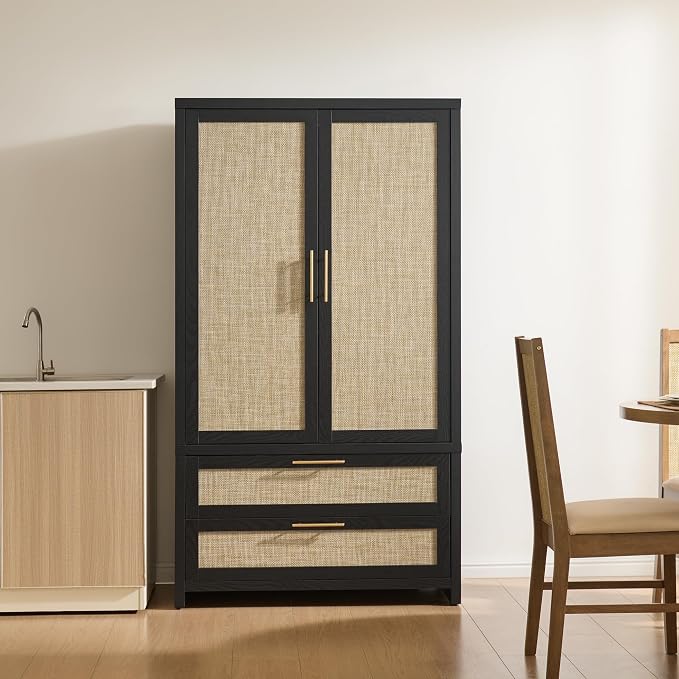 SICOTAS Rattan Armoire Wardrobe Closet Cabinet, 2 Drawers and Hanging Rod - Image 8