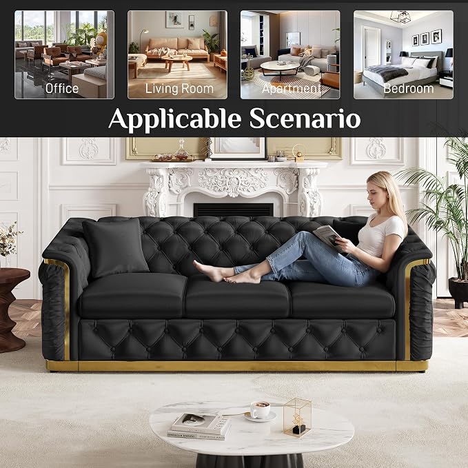 2 Piece Velvet Chesterfield Sofa Luxury Tufted Sofa Black and Gold Couch Set - Image 6