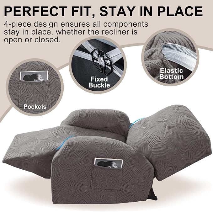 Oversized Recliner Chair Covers, 4-Piece Stretch Geometric Strokes Jacquard - Image 4