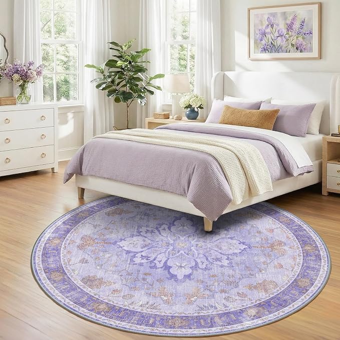 RELEANY Area Rugs Round 8ft Washable Non-Slip, Floral Vintage Distress Print - Image 3