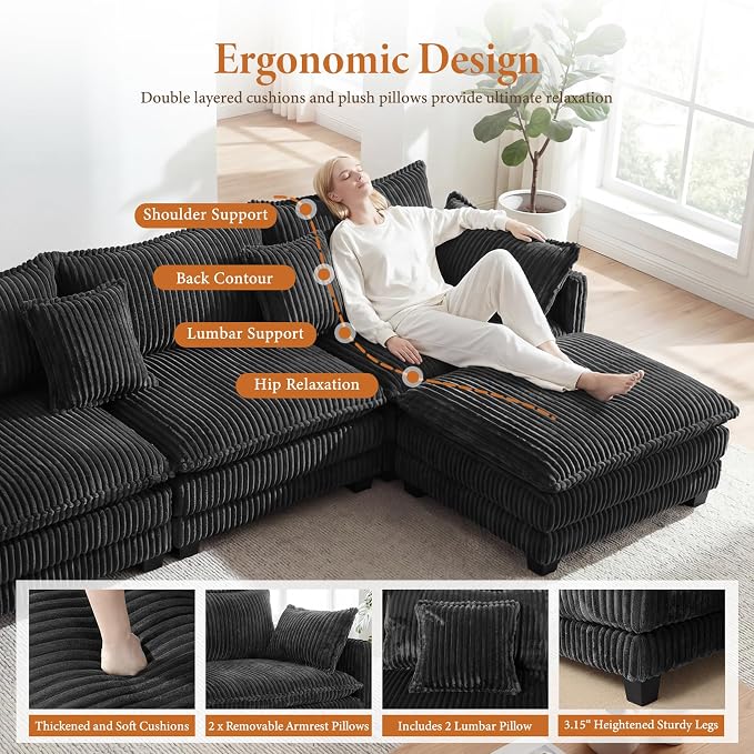 Vesgantti 143" U Shaped Sectional Modular Couch, Comfy Corduroy Upholstered - Image 3