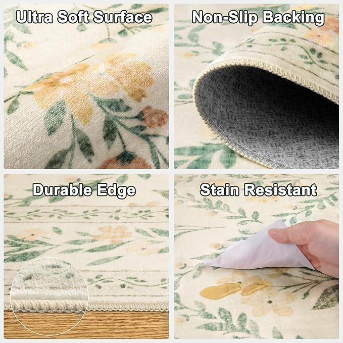 Round Area Rug for Living Room: 4 ft Floral Washable Circle Rug Soft Non-Slip - Image 6