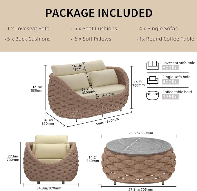 TWT 6-Piece Aluminum Patio Furniture Set, Olefin Rope Modern Outdoor - Image 2