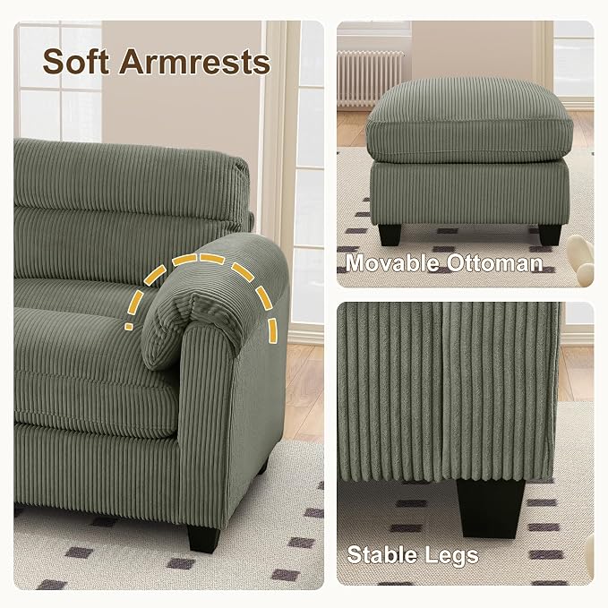 HAOMARKETS Corduroy Sofa Set, Upholstered Ottoman Footrest, Modern Living Room - Image 5