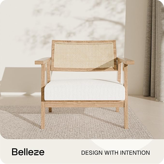 BELLEZE Mid Century Modern Rattan Chair Set of 2 Accent Natural Wood Armchair - Image 4