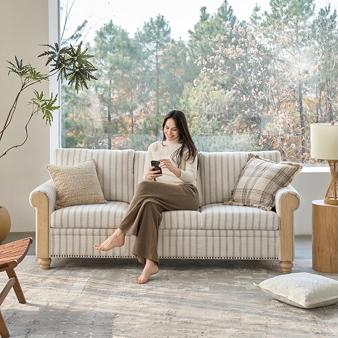 EcoHarbor Living 3-Seater Couch, Stripe 81" Mid-Century Modern Upholstered Sofa by ECOHARBOR