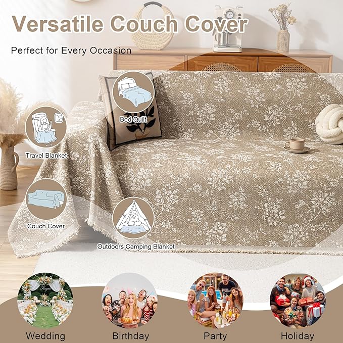 VClife Vintage Floral Boho Couch Cover, Soft Breathable Chenille Sofa Cover - Image 7