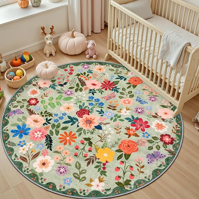 Round Area Rug for Living Room: 4 ft Floral Washable Circle Rug Soft Boho - Image 5