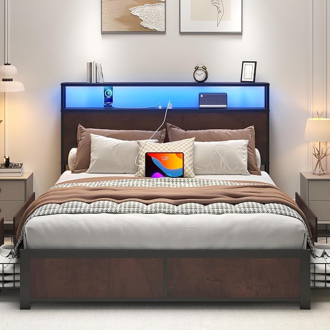 Lifezone Full Bed Frame with 2-Tier Storage Headboard, Metal Platform Bed Frame - Image 3