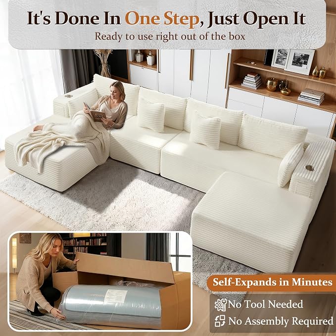 138" Cloud Sectional Couch, Comfort U Shaped Boneless Couch - Image 3