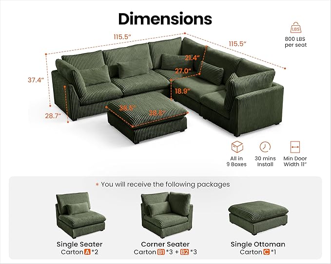115" Oversized Corduroy Couch Modular Sectional Sofa, Washable Cloud Couch - Image 2