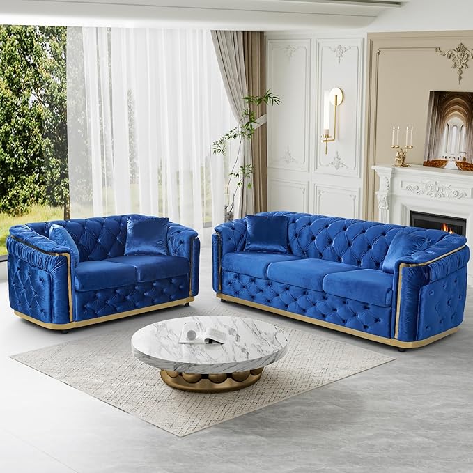 DAMAIFROM Luxury Velvet Couch Set Blue and Gold Sofa, Mid Century Modern by DAMAIFROMFURNITURE