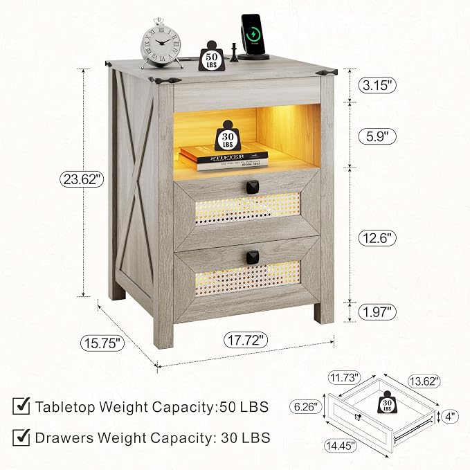 Grey Night Stand Set 2 with Gun Drawer, Bedside Table with Charging Station - Image 2