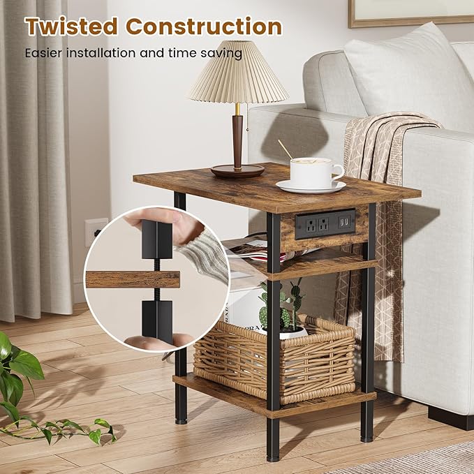 Asgolion Side Table with Charging Station, Skinny Nightstand with USB Ports and - Image 6