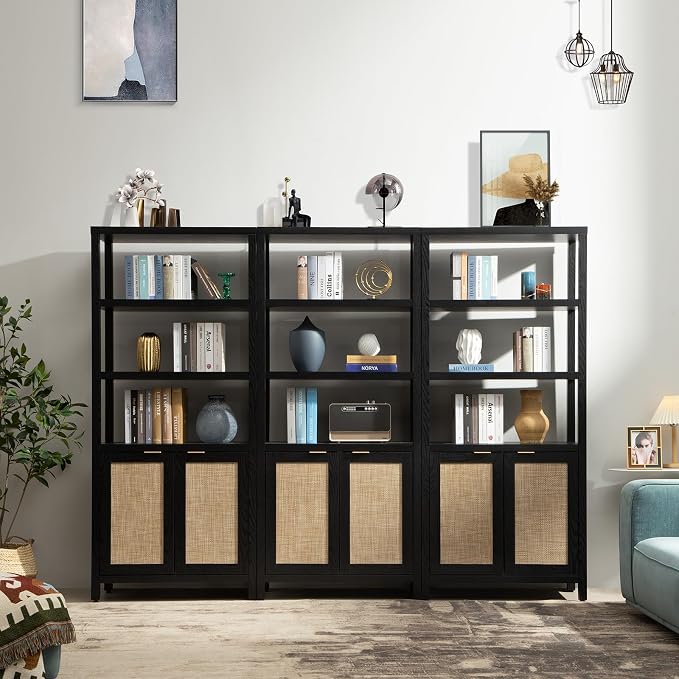 SICOTAS Bookshelf 5 Tier Book Shelf Rattan Boho 71" Tall Bookcase - Image 2