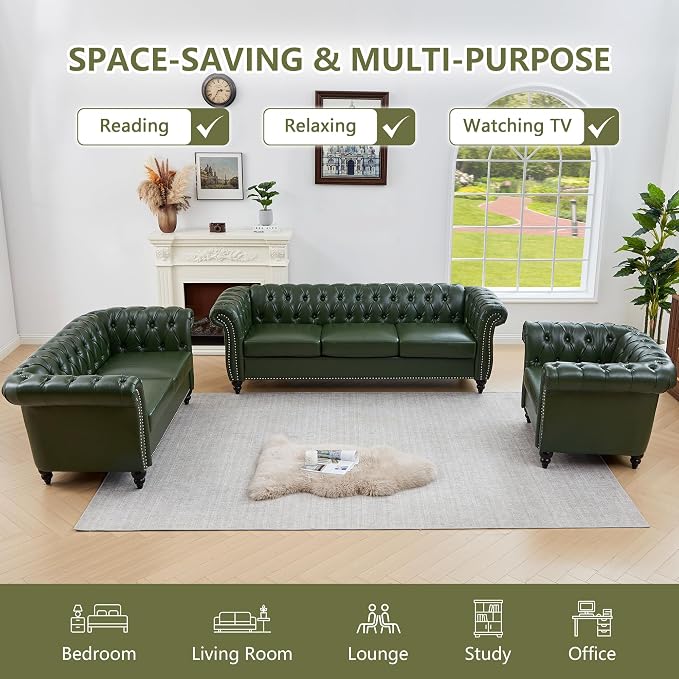 QHITTY 3 Piece Living Room Set, Sectional Chesterfield Sofa Chair Contemporary - Image 4
