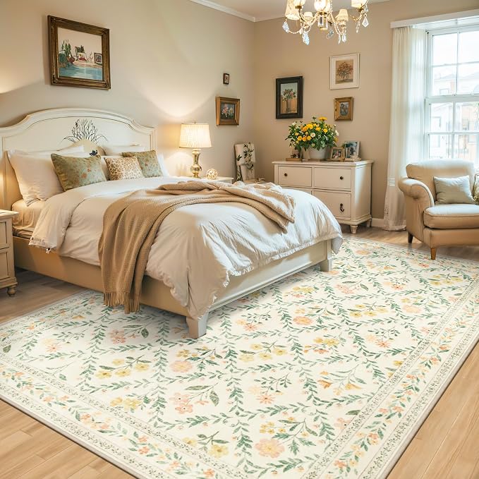10x14 Area Rugs for Living Room: Floral Washable Rug Vintage Large Soft Boho - Image 3