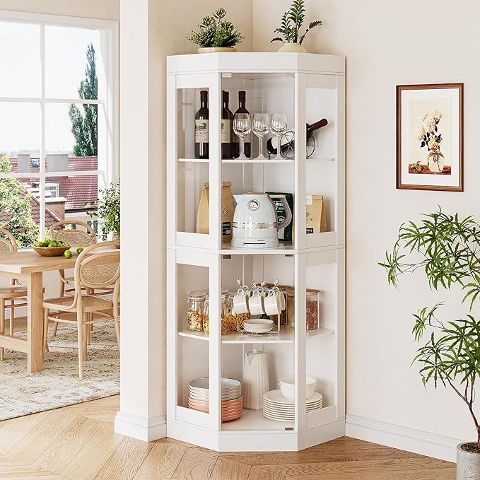 70''H Tall Corner Cabinet with Glass Doors, Farmhouse Storage Cabinet with 4 by ukaocai