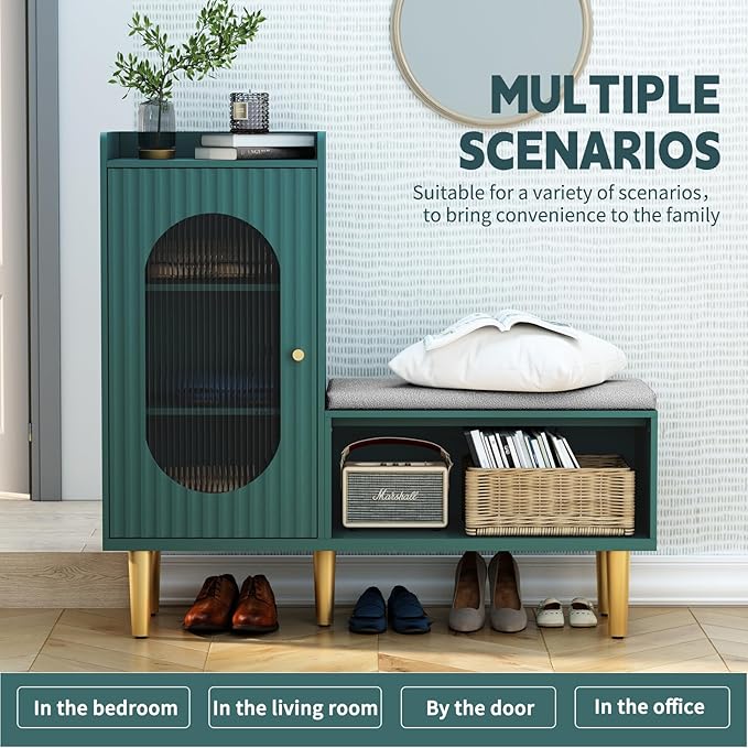 HLR Storage Bench with Glass Door&Shelf, Modern Entryway Shoe Cabinet Bench - Image 4