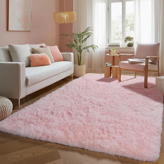 PAGISOFE Pink Fluffy Plush Area Rug 5x8, Kids Shag Rugs by PAGISOFE