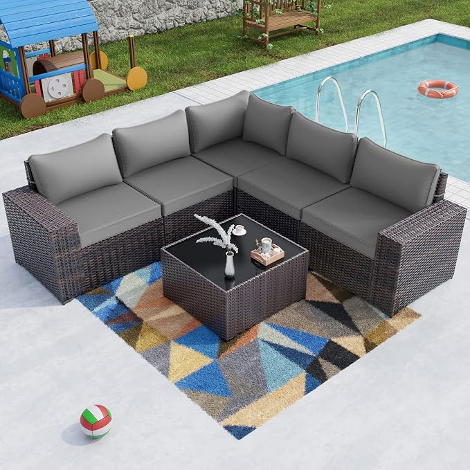 Kullavik Outdoor Patio Furniture Set 6 Pieces Sectional Rattan Sofa Set Brown by KULLAVIK