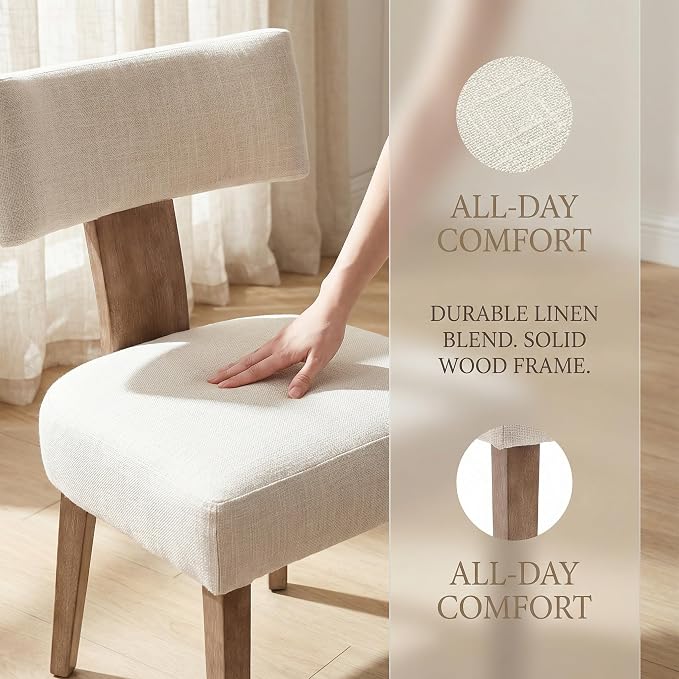 HNY Mid Century Modern Dining Chairs, Linen Fabric Upholstered and Curved - Image 4
