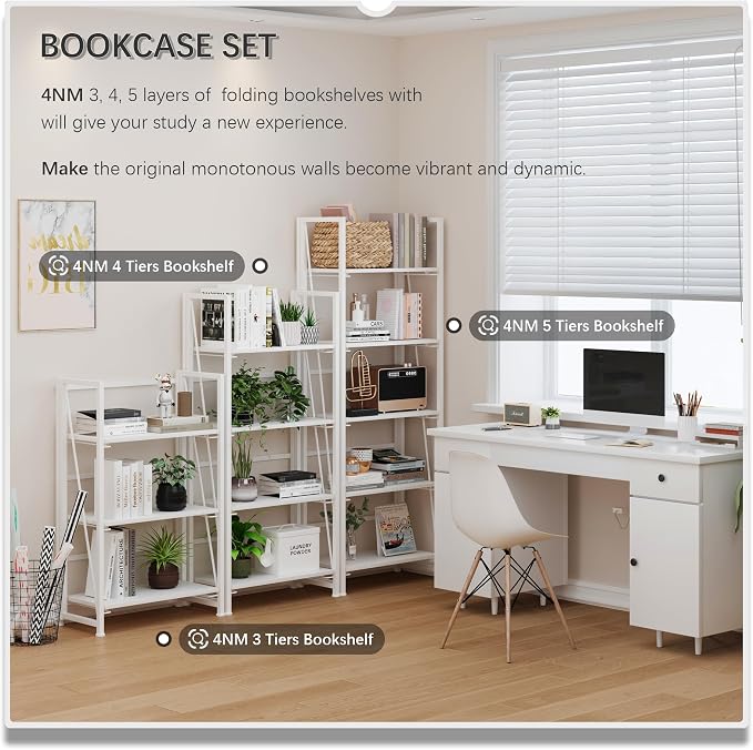 4NM No Assembly Folding Bookshelf Storage Shelves 4 Tiers Vintage Bookcase - Image 5