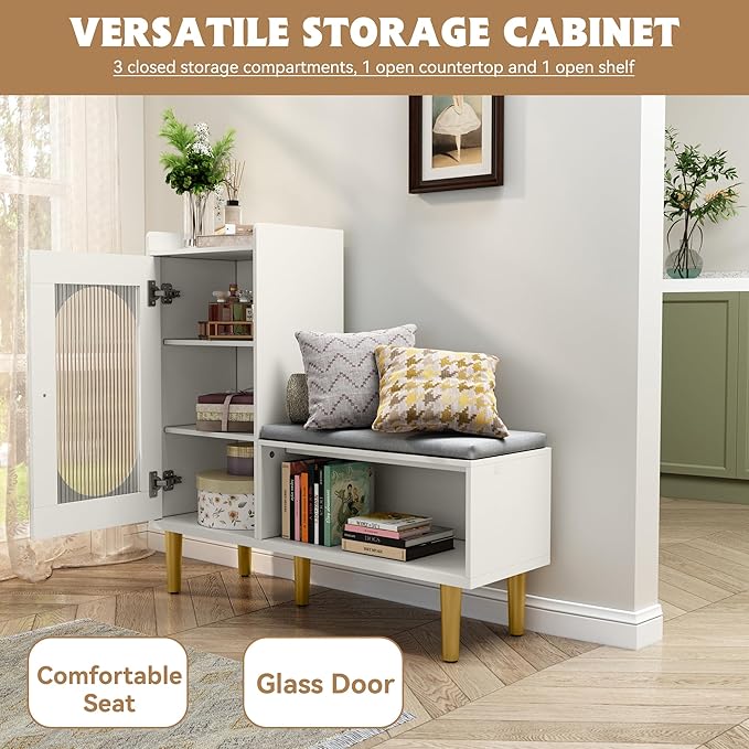 HLR Storage Bench with Glass Door&Shelf, Modern Entryway Shoe Cabinet Bench - Image 3