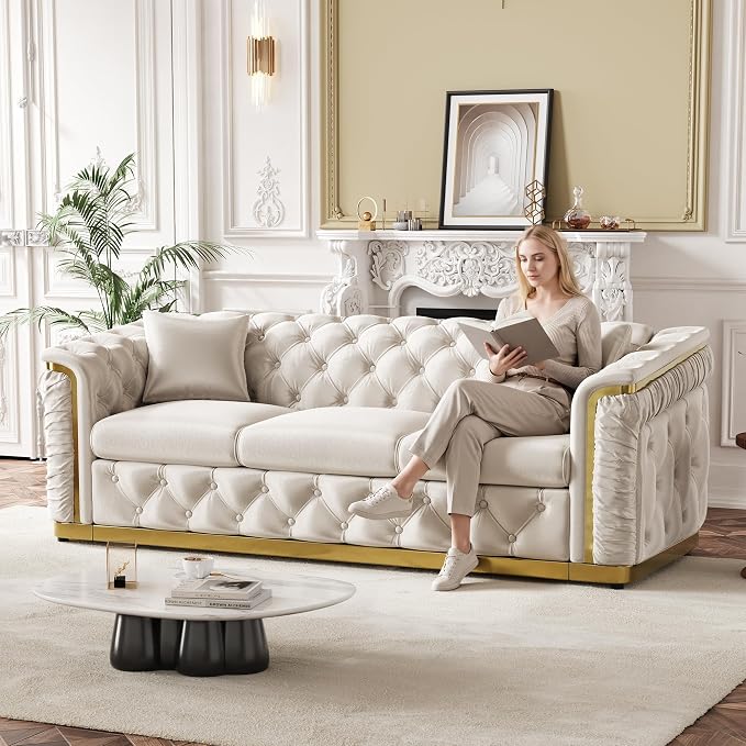 Luxury Chesterfield Sofa Set of 2, Velvet Tufted Couch Victorian Black and Gold - Image 3