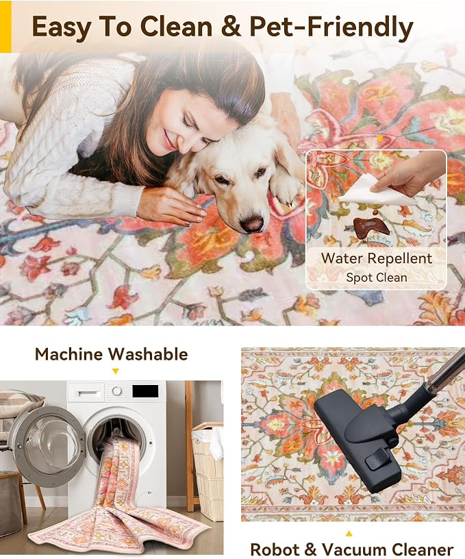 RELEANY Area Rugs 10'x12' Washable Non-Slip, Floral Vintage Distress Print - Image 3
