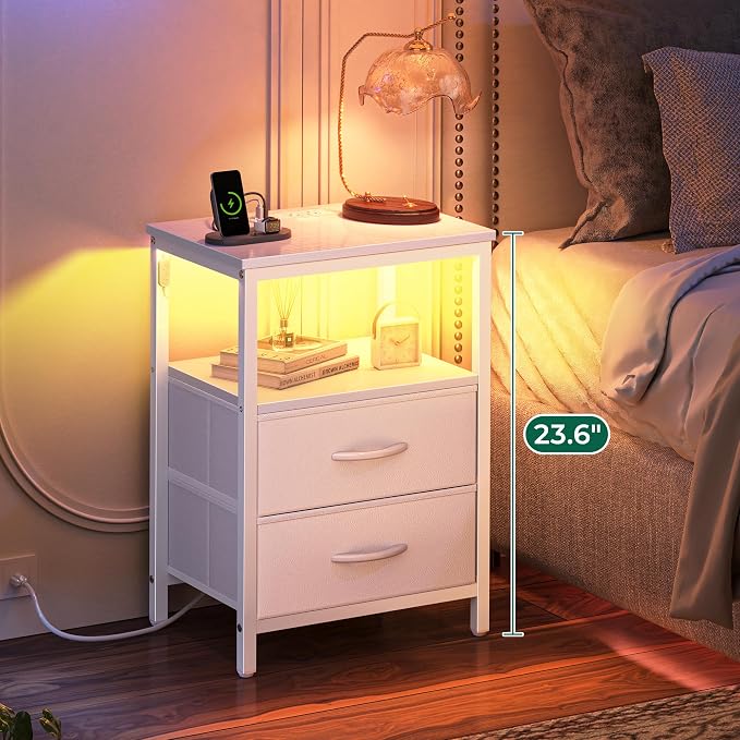 Huuger Night Stand with Charger Station and LED Lights, 2 Drawer Nightstand - Image 4