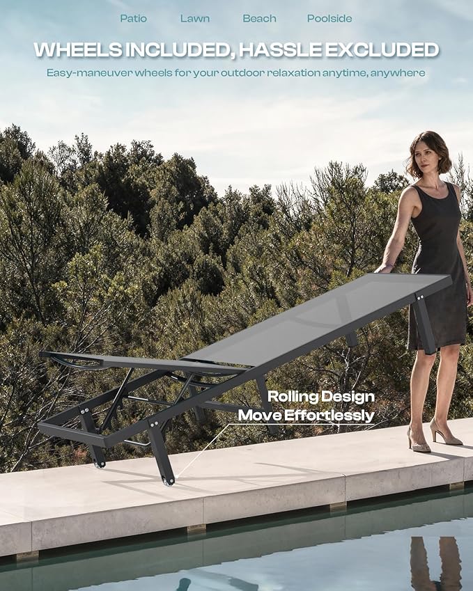 Lounge Chair Outdoor with Wheels, Aluminum Chaise Lounge Outdoor Chair with 5 - Image 3