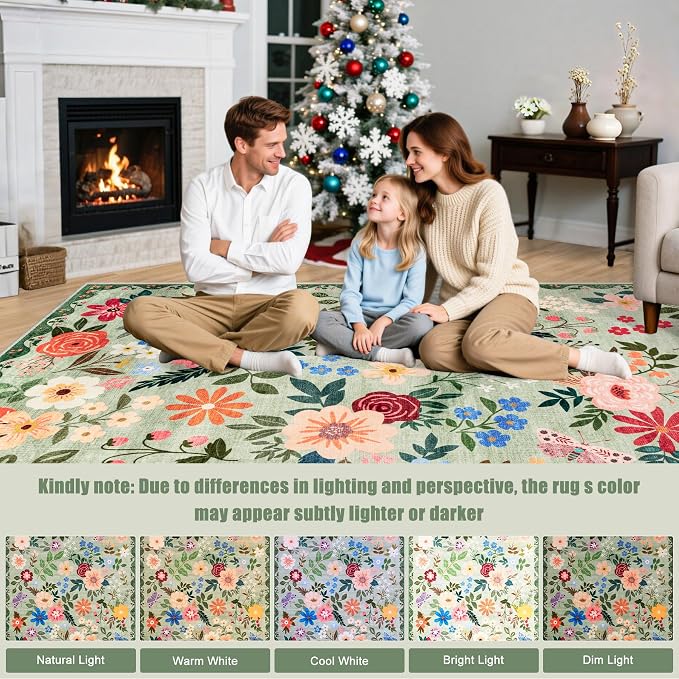Round Area Rug for Living Room: 4 ft Floral Washable Circle Rug Soft Boho - Image 9