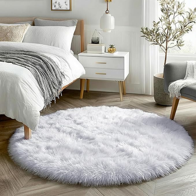 Amdrebio White Fluffy Round Rug 4Ft - Image 6