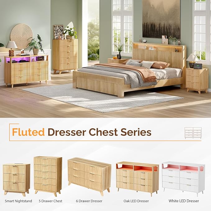 VINGLI Fluted White Dresser, Led Dresser 6 Drawer - Image 6