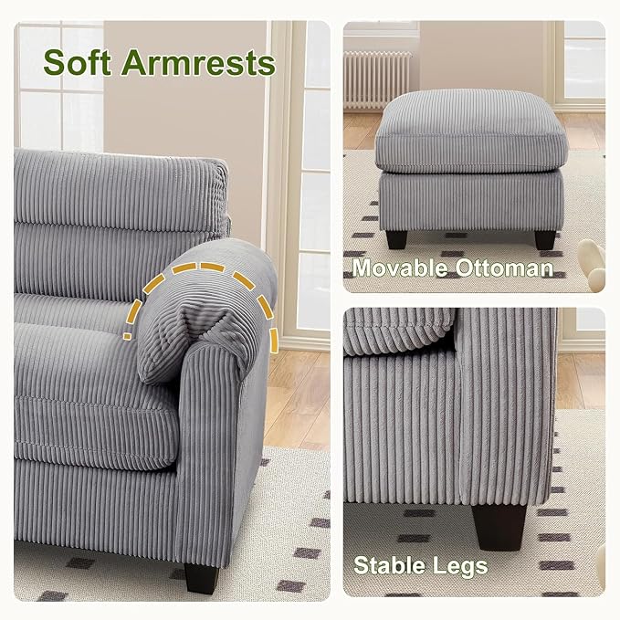 HAOMARKETS Corduroy Sofa Set, Upholstered Ottoman and 3-Seater Couch Set of 2 - Image 4