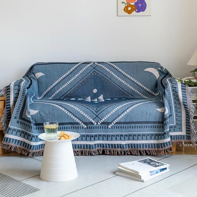 VClife Boho Couch Cover White Blue Plaid Stripe Couch Cover Washable L Shape by VCLIFE