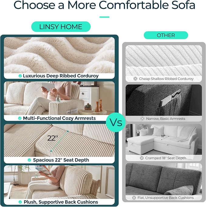 LINSY HOME Sectional Sofa with Pull Out Bed, 5 Seats Corduroy Reversible - Image 6
