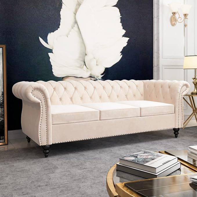 ORRD 2 Piece Living Room Set, Velvet Chesterfield Sofa Loveseat Couch - Image 8
