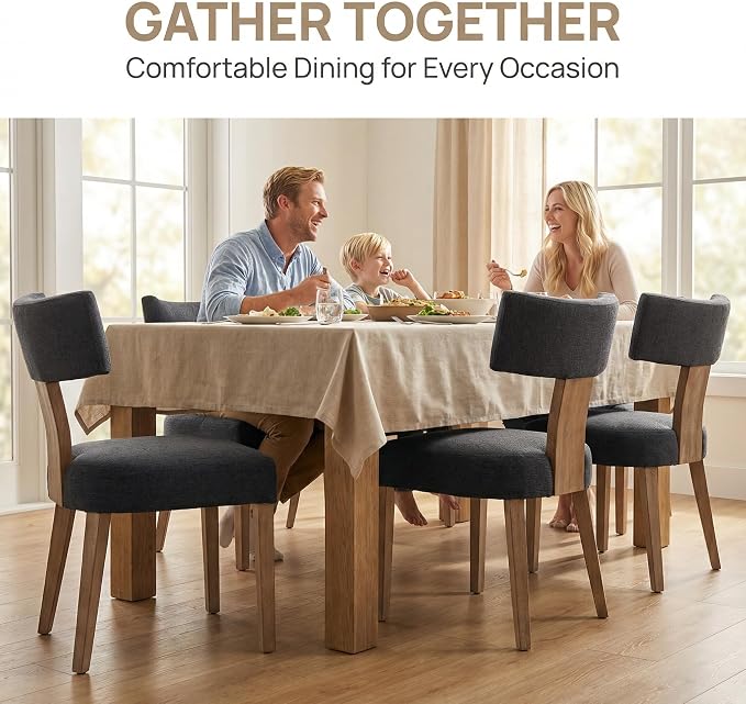 HNY Mid Century Modern Dining Chairs, Linen Fabric Upholstered and Curved - Image 3