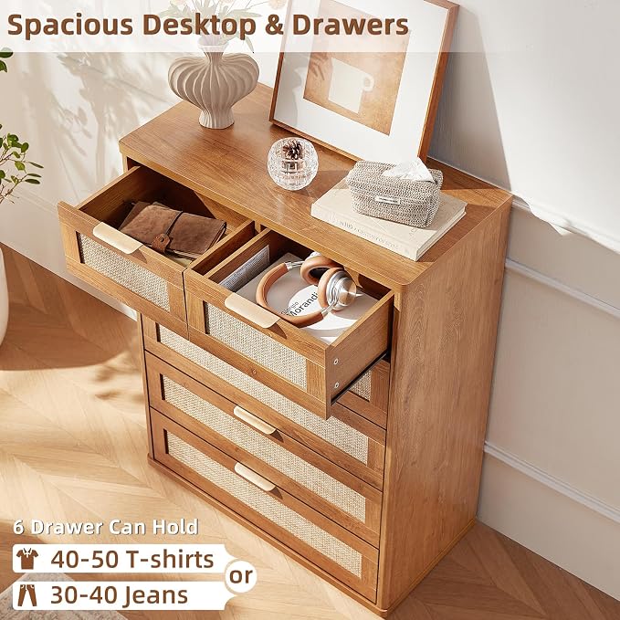 LEYAOYAO Rattan Dresser for Bedroom Set of 2, Modern 6 Drawers Boho Dressers - Image 3