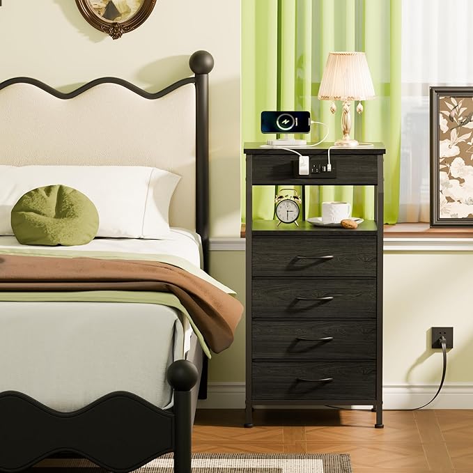 Furnulem Night Stand with Charging Station, 4 Drawer Dresser with Storage Shelf - Image 2