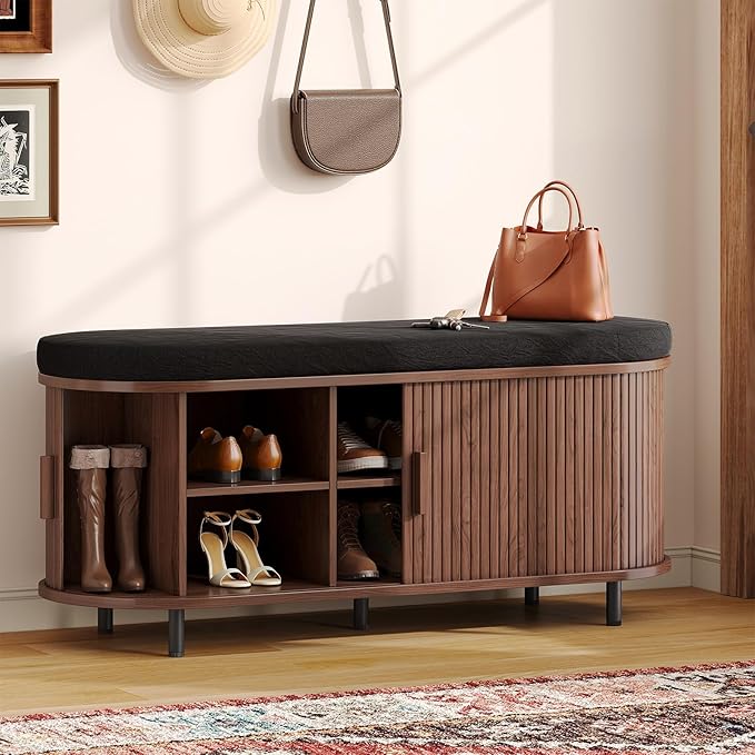 Oval Shoe Storage Bench with Padded Seat Cushion, 2-Tier Fluted Shoe Cabinet by ComfyCorner