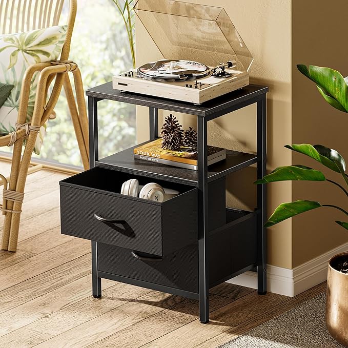 Huuger Night Stand with 2 Drawers, Bed Side Table with Open Shelf, Wooden Top - Image 2