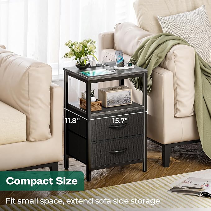 Huuger Nightstand with Charging Station, Side Table with Fabric Drawers - Image 5