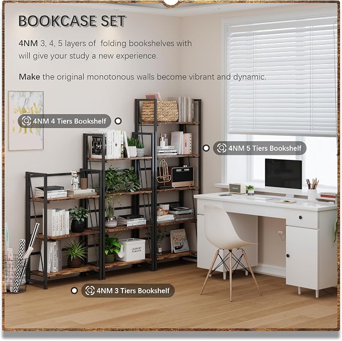 4NM No Assembly Folding Bookshelf Storage Shelves 4 Tiers Vintage Bookcase - Image 7