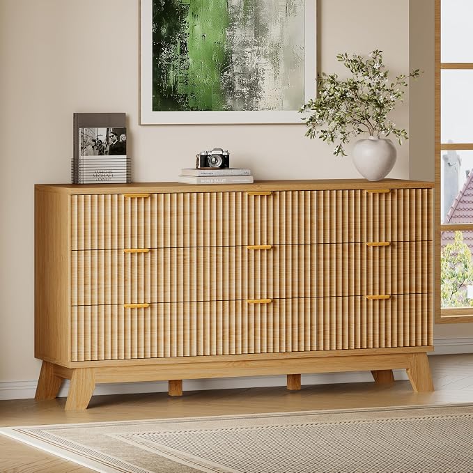 BORNOON Fluted 9 Drawer Dresser, 57.1" Wide Modern Boho Chest of Drawers by BORNOON
